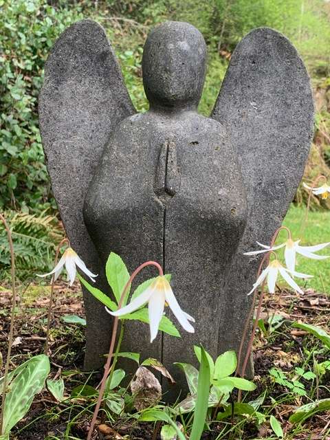 stone yoga angel on salt spring island